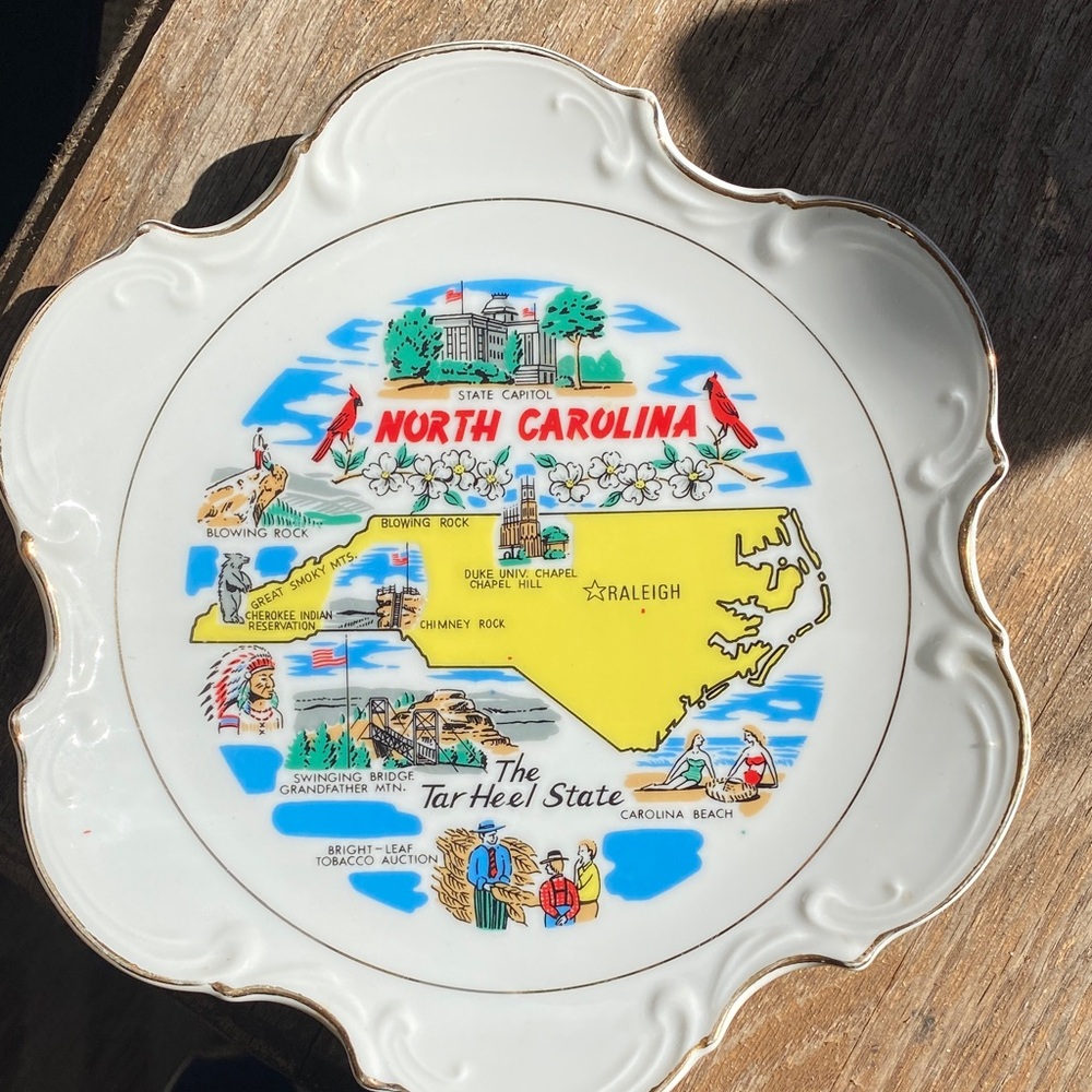 Vintage North Carolina Souvenir Plate with Gold Trim